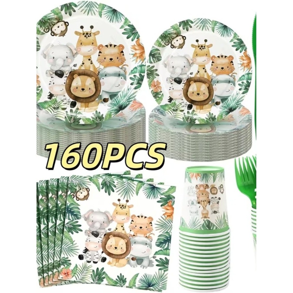 Safari Animal Party Supplies Set 160 Pcs Jungle Theme Tableware Plates Cups Fork